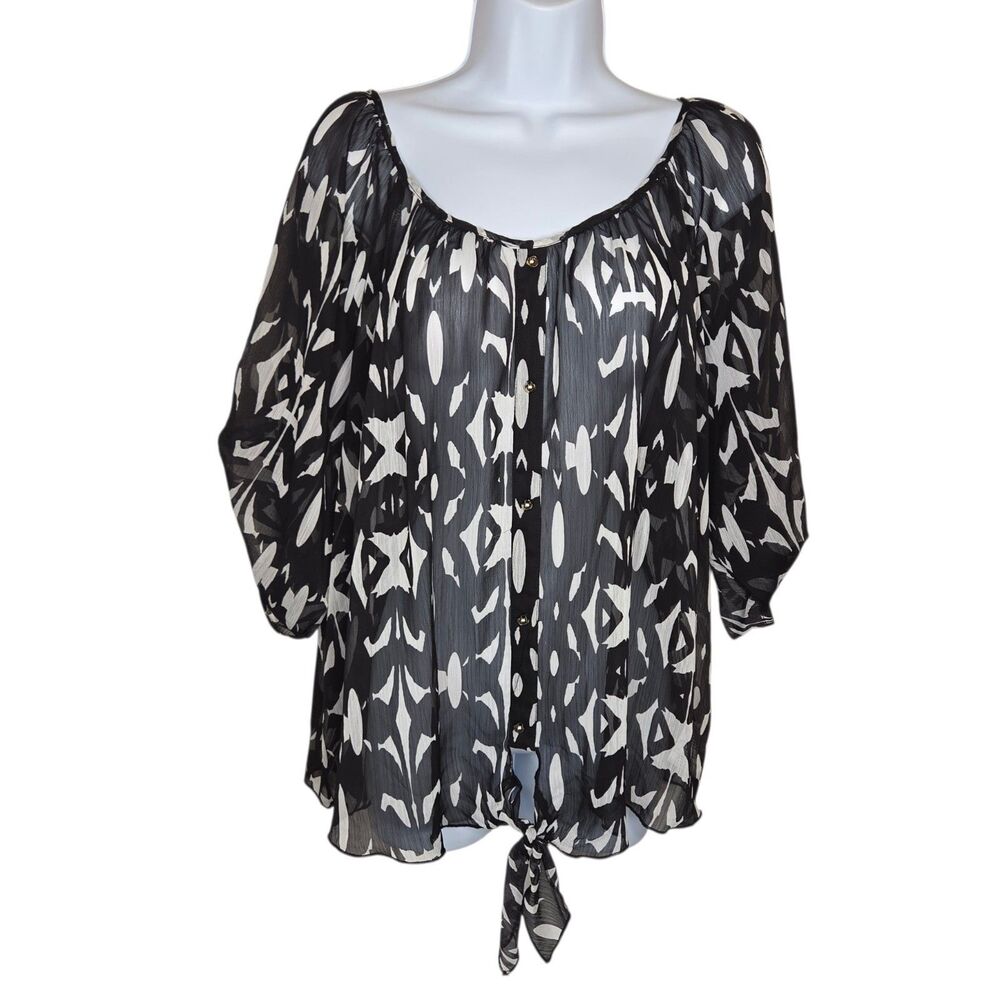HeartSoul Black White Abstract Tie Front Sheer Blouse Top Plus Size 2X EUC